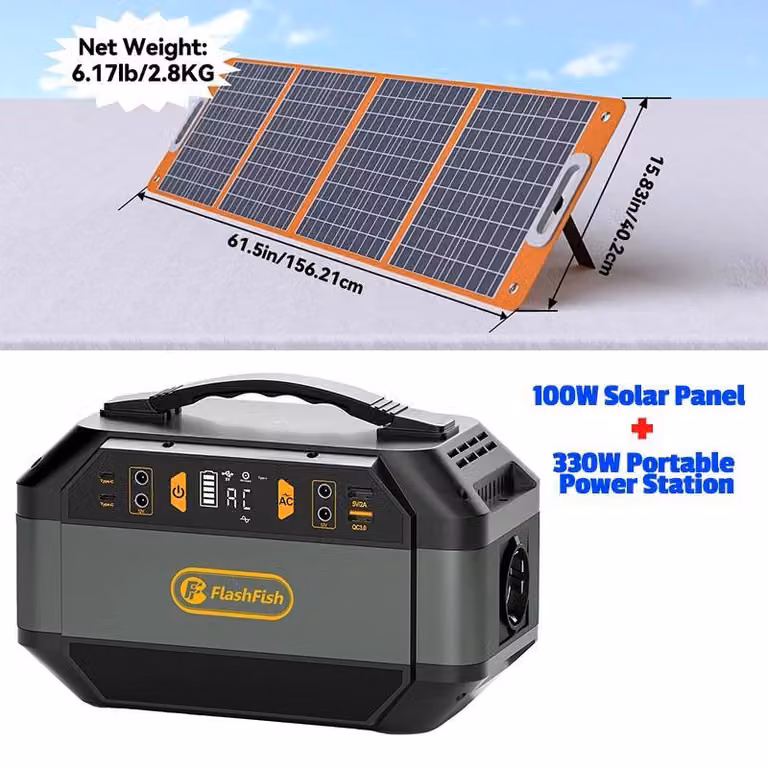 Stazione di ricarica portatile P56 - Generatore solare da 330 W - Batteria da 288,6 Wh - Pannello solare da 100 W incluso - Presa UE - Per campeggio, camper e attività all'aperto