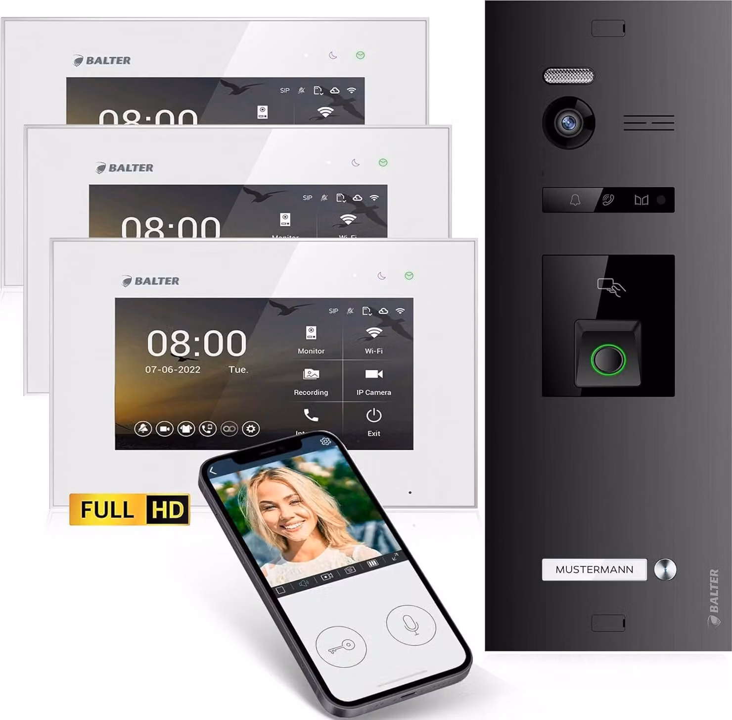Videocitofono HD con impronta digitale RFID e app per smartphone per abitazioni monofamiliari, 3x monitor, Balter EVO HD Fingerprint