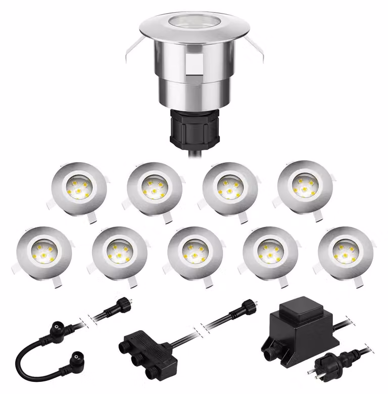 ledscom.de: Faretti a incasso per pavimento, modello Atria, per uso esterno, in alluminio, luce bianco caldo, 14 lm per pezzo, grado di protezione IP65, diametro 40 mm, set da 10 pezzi – acciaio inossidabile / Colore della luce: bianco caldo