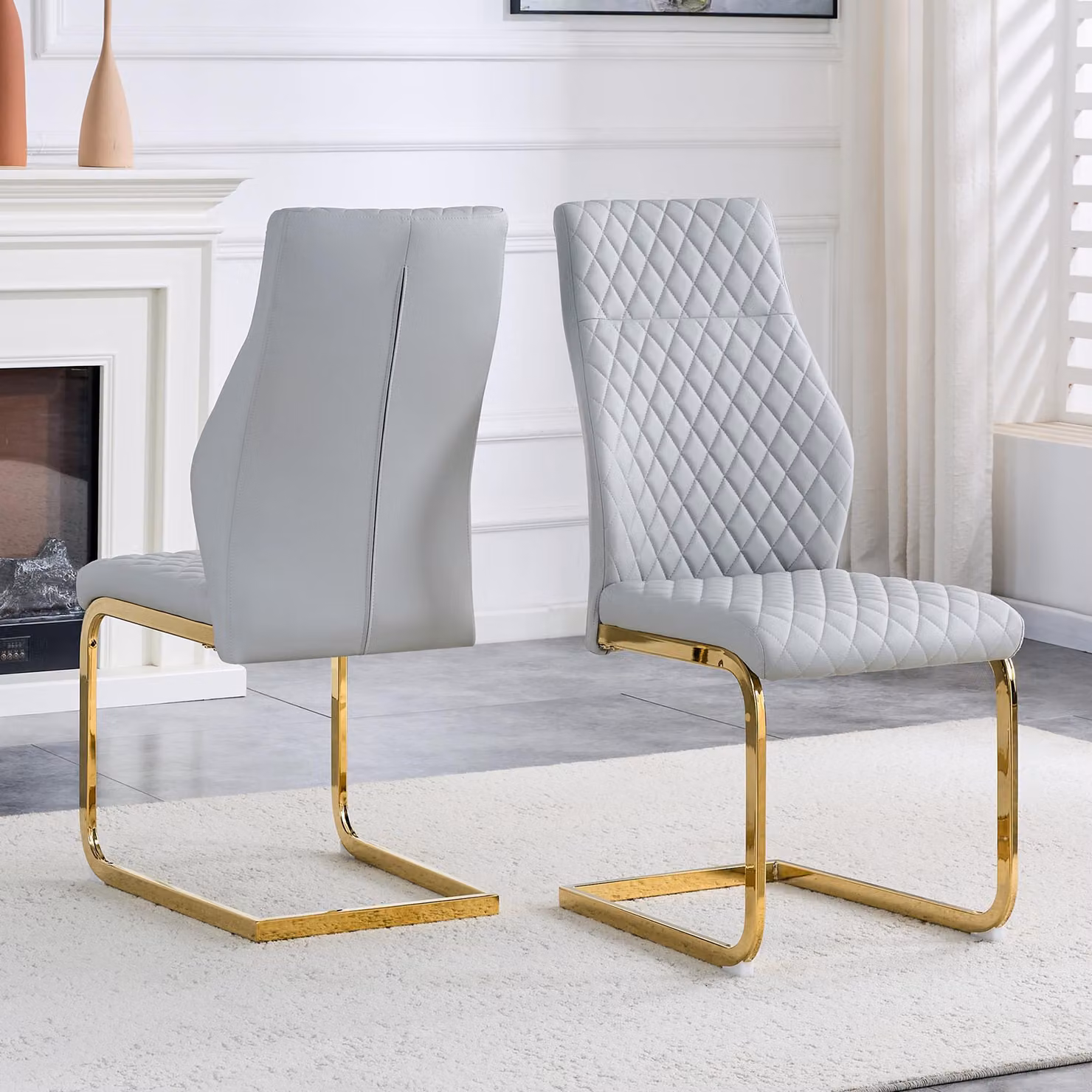 Set di 2 sedie da pranzo, motivo a rombi, schienale alto, seduta imbottita, struttura in metallo, antiscivolo, resistente (oro, grigio chiaro)
