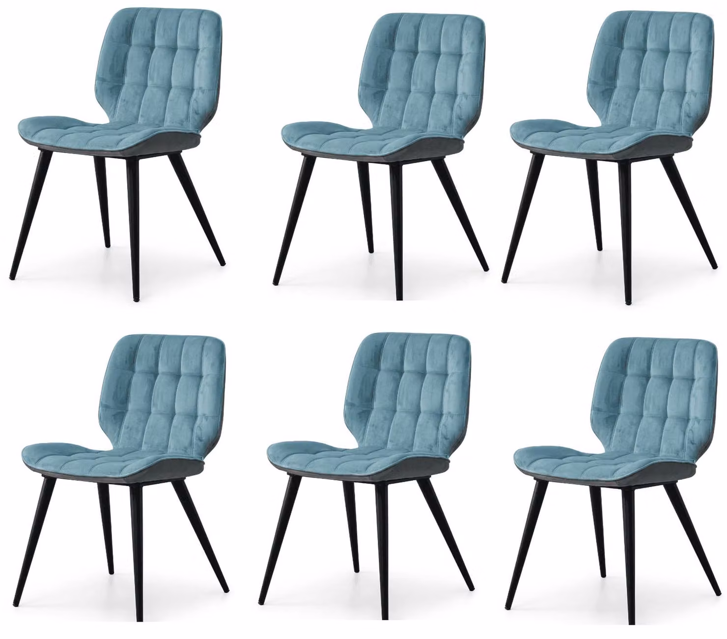 Set di 6 sedie da pranzo imbottite, colore blu e grigio, rivestite in tessuto