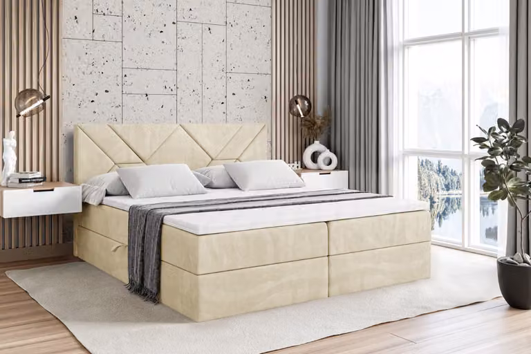 Letto boxspring ALTDECOR con materasso H4 e topper - 120 x 200 cm - BARWA - Velluto beige - Letto imbottito con contenitore e rete a doghe, letto con spazio contenitivo