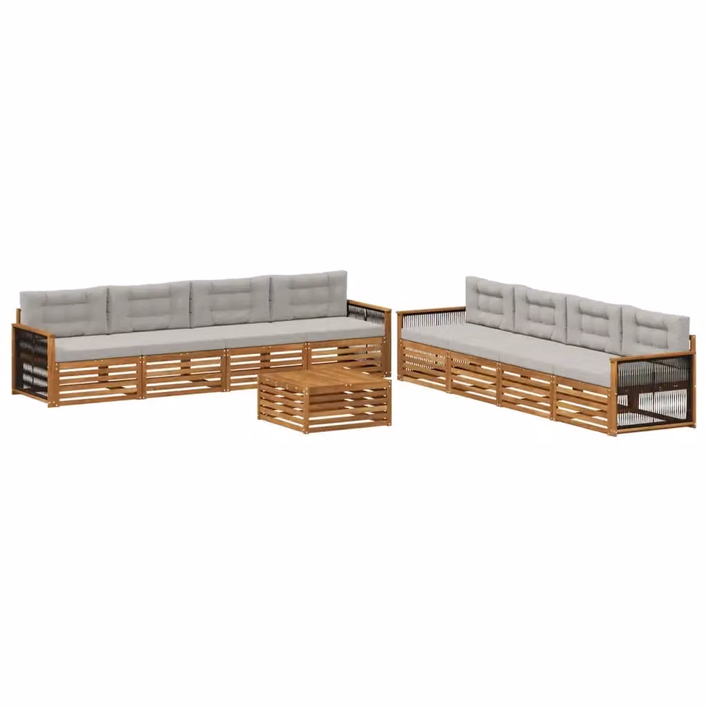 Set di divani da esterno a forma di U vidaXL in legno di acacia con tavolino e cuscini, Marrone e Grigio – 2