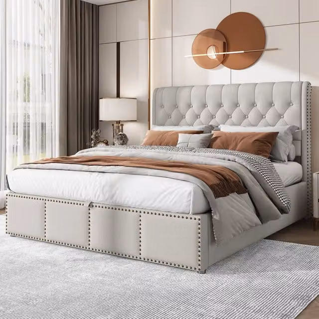 Letto matrimoniale 140x190 cm con contenitore e testiera imbottita in lino grigio (Senza materasso)