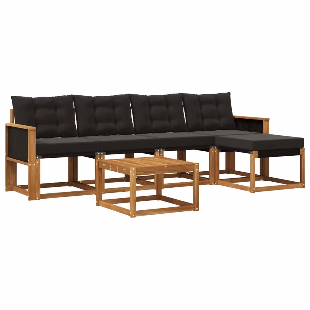 Set di mobili da giardino vidaXL composto da 6 pezzi con divano a L, tavolino da caffè e pouf in legno di acacia marrone e nero con cuscini inclusi – 2