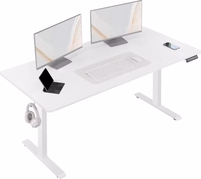 Happiq Scrivania elettrica regolabile in altezza - Scrivania ergonomica per casa e ufficio con porta di ricarica USB e funzione di archiviazione - 120x60 cm, bianco