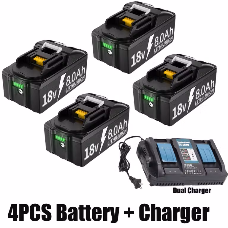Batteria di ricambio - BL1830 agli ioni di litio - 18 V - 800 mAh - 4 batterie - 1 caricabatterie - Compatibile con BL1815, BL1840, BL1860