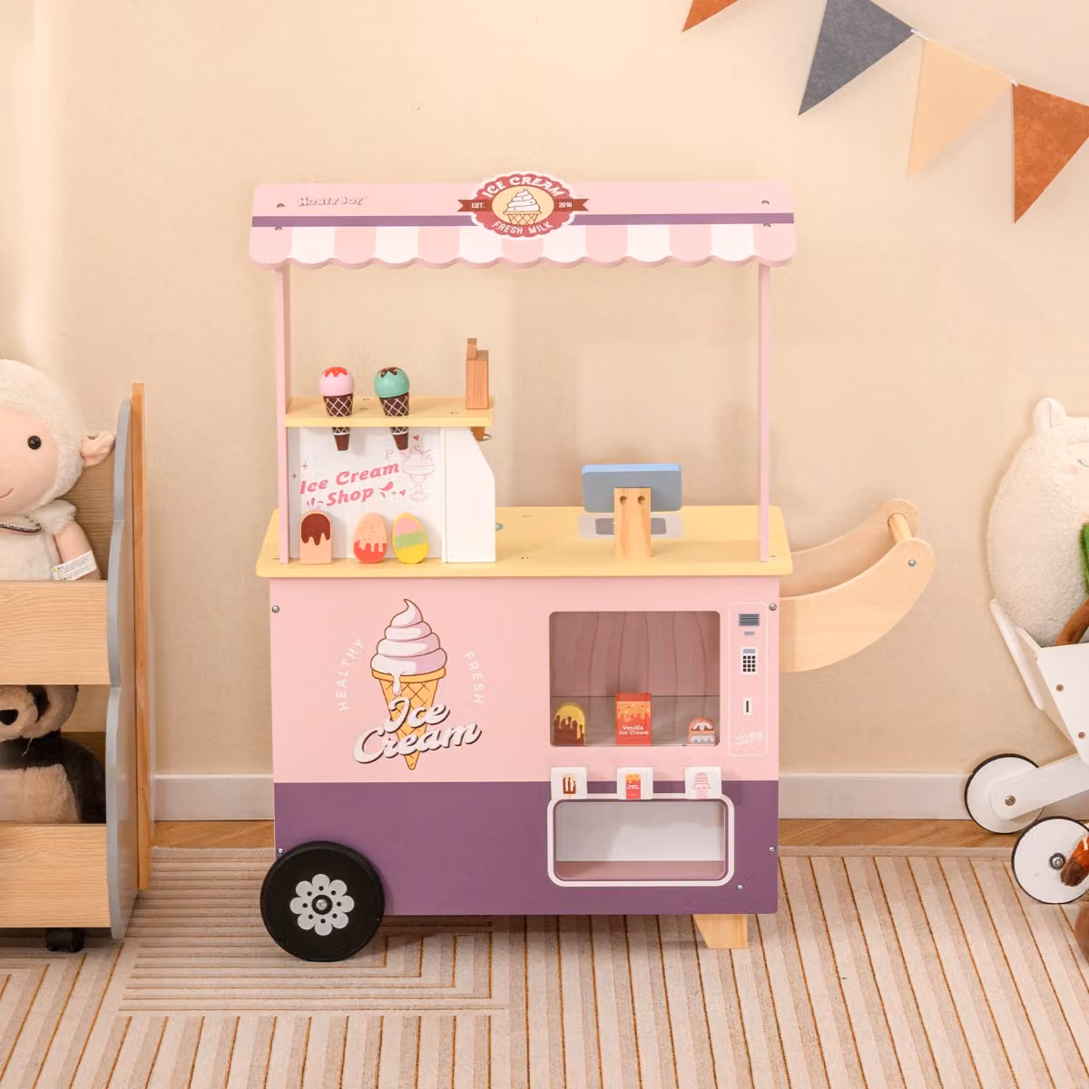 Costway Set gioco di finzione carrello dei gelati con distributore automatico Rosa