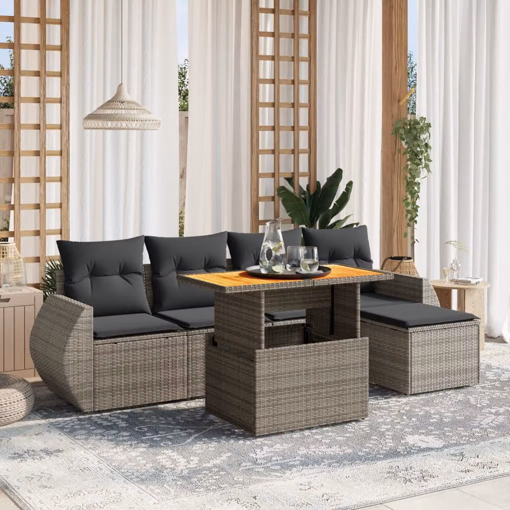 Set Divano da Giardino vidaXL 6 pz a L con Cuscini Grigio in Polyrattan e Legno di Acacia – 1