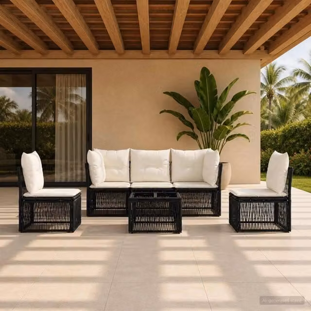 Set da giardino moderno vidaXL composto da 6 pezzi in rattan nero con divano a 3 posti, elementi angolari, tavolino da caffè e cuscini inclusi