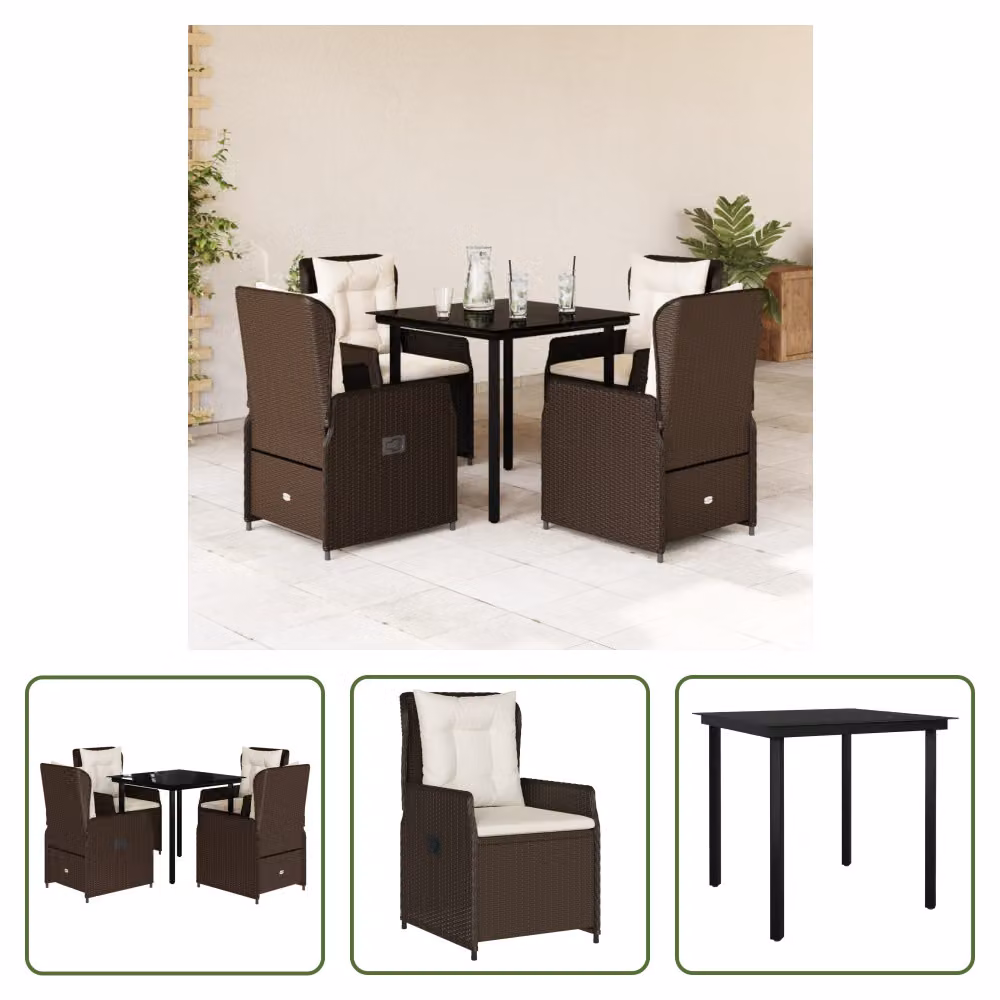 The Living Store Set da pranzo da giardino 5 pezzi con cuscini in polirattan marrone