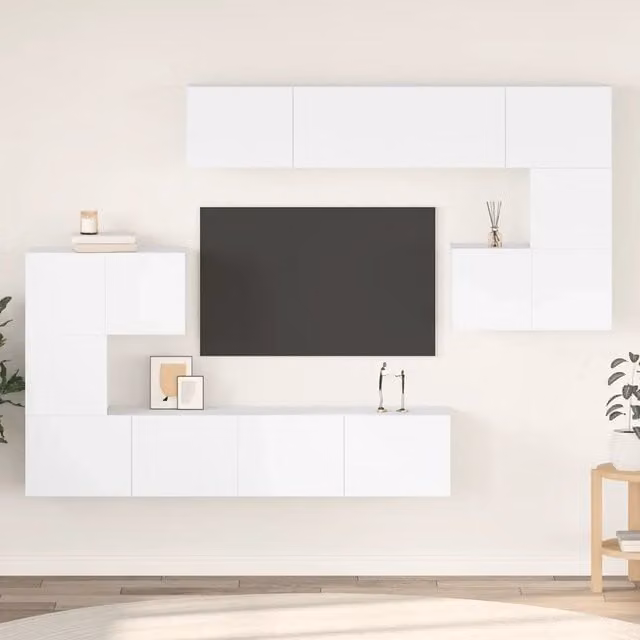 Set di mobili porta TV moderno vidaXL in legno multistrato bianco, 8 pezzi