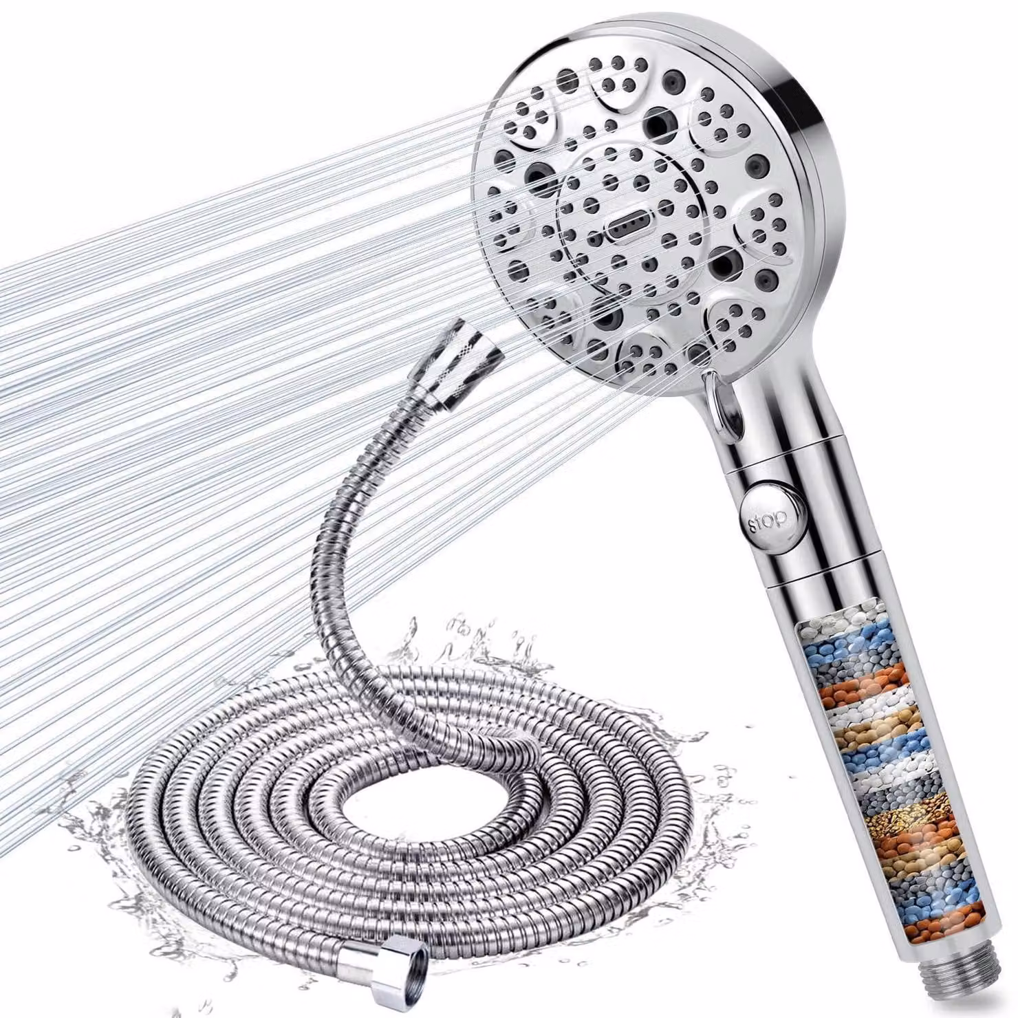 Doccia con flessibile da 2 metri, filtro a 15 strati, 9 tipi di getto, funzione di arresto, alta pressione, risparmio idrico, filtro anticalcare, finitura cromata argento