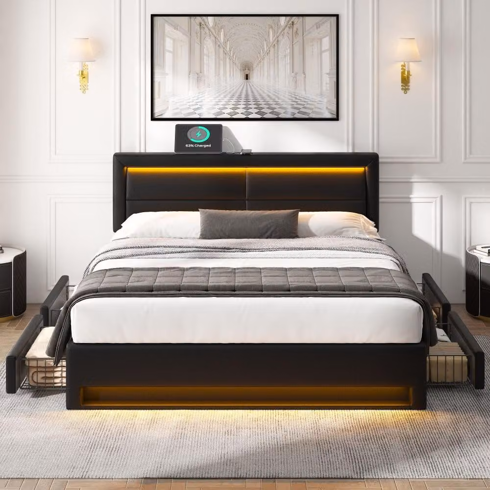 Letto imbottito 140x200 cm, colore nero, rivestito in PU, con porta USB, illuminazione LED e quattro cassetti, ideale per la camera da letto
