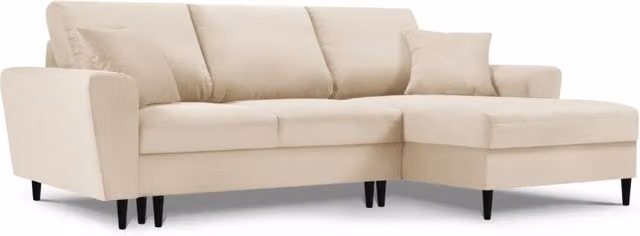 Divano angolare destro convertibile con contenitore Kyoto di Cosmopolitan Design, 4 posti in velluto a coste beige, L: 241 cm, P: 145 cm, H: 88 cm