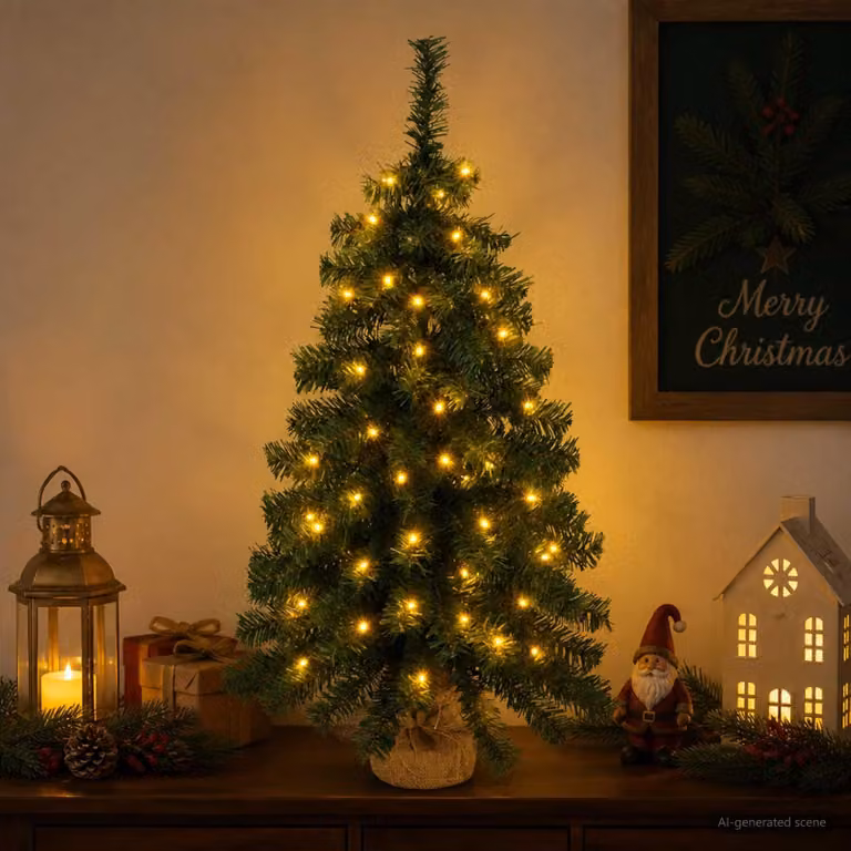 Albero di Natale in miniatura, 60 cm, 25 LED, luce bianca calda, materiale: PVC, colore: verde