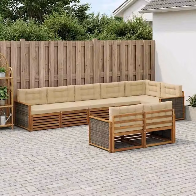 Set di divani da esterno a L vidaXL in legno di acacia con cuscini, 8 pezzi, Beige e Marrone
