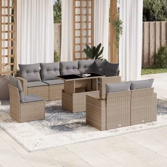 Set Divano da Giardino a L vidaXL in Polyrattan con Cuscini Beige e Grigio e Tavolino da Caffè