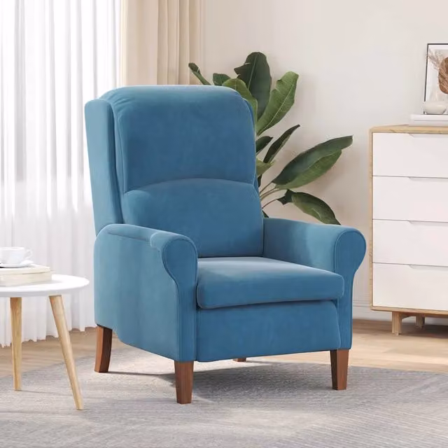 Poltrona moderna in velluto blu vidaXL con braccioli e struttura in legno – 1