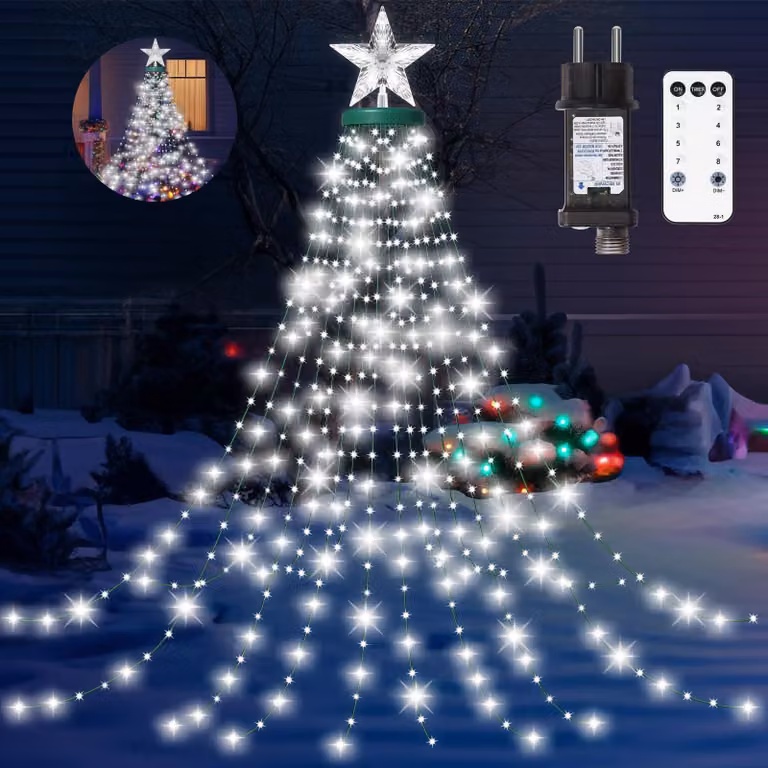 Luci per albero di Natale, 410 LED, 8 modalità, timer, grado di protezione IP44, altezza regolabile da 150 a 250 cm, luce bianca fredda