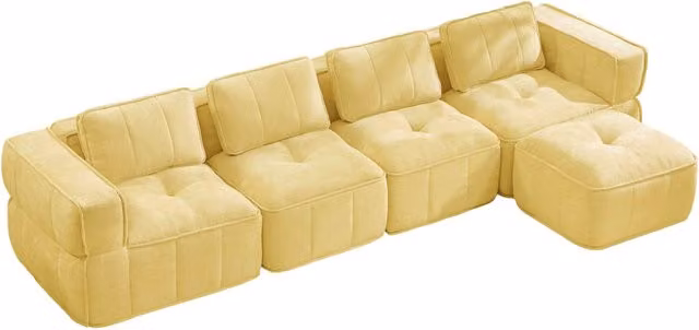 Divano modulare angolare 4 posti giallo in poliestere con pouf, schiuma ad alta densità