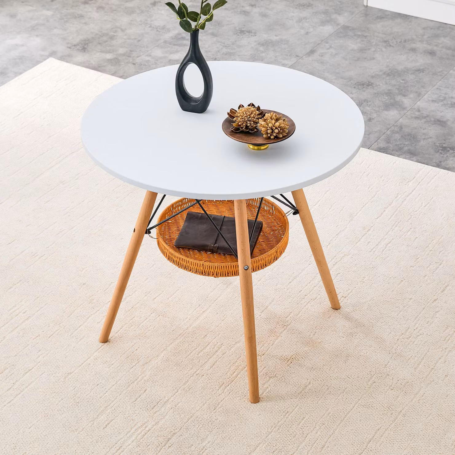 STILVORA Tavolo da pranzo rotondo da 80 cm, tavolo da pranzo con ripiano sospeso, tavolino da salotto con gambe in legno massello color noce