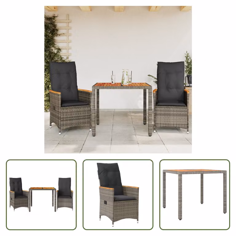 The Living Store Set bistrot 3 pezzi con cuscini in poly rattan grigio