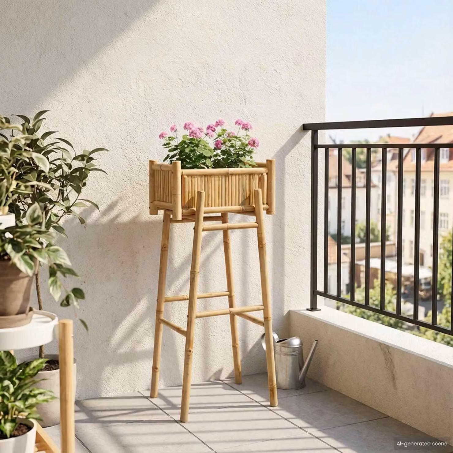 vidaXL Vaso da Giardino con Supporto in Bambù, Colore Beige e Marrone, L: 50 cm, P: 38 cm, H: 114 cm