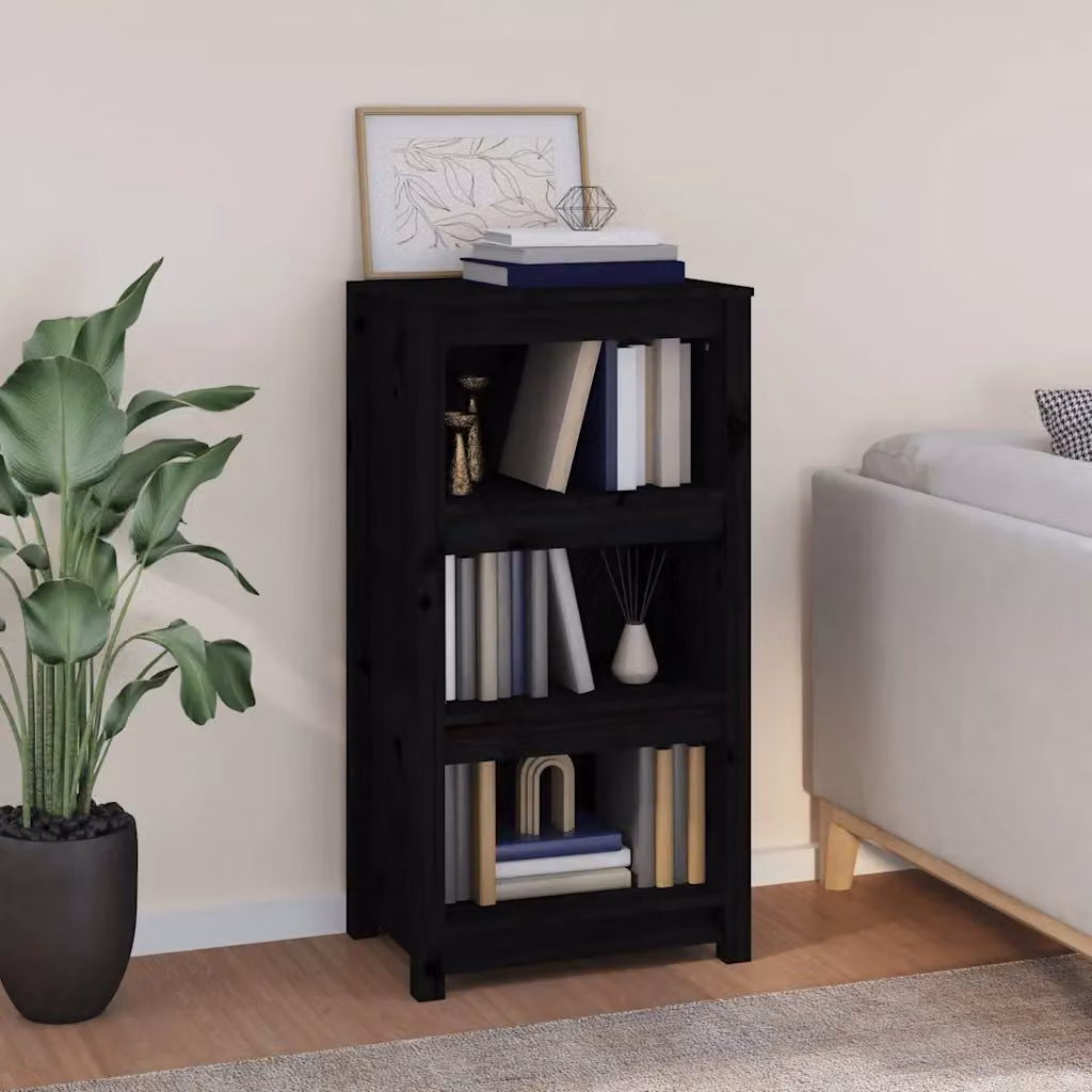Libreria moderna vidaXL in legno massello di pino nera con pannello posteriore L 50 cm, P 35 cm, H 97 cm