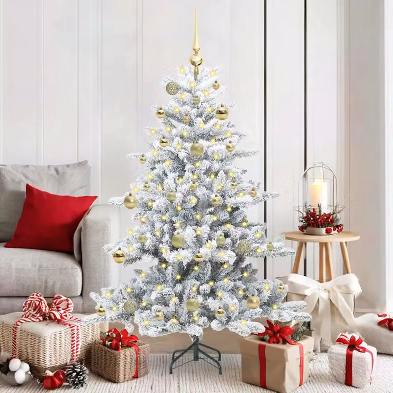 Albero di Natale artificiale moderno vidaXL bianco con luci LED bianco caldo e rami in PVC e metallo, Altezza: 150 cm