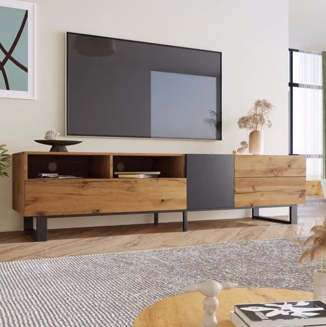 Mobile TV moderno con finitura in legno effetto quercia e struttura antracite, 180x50x38 cm