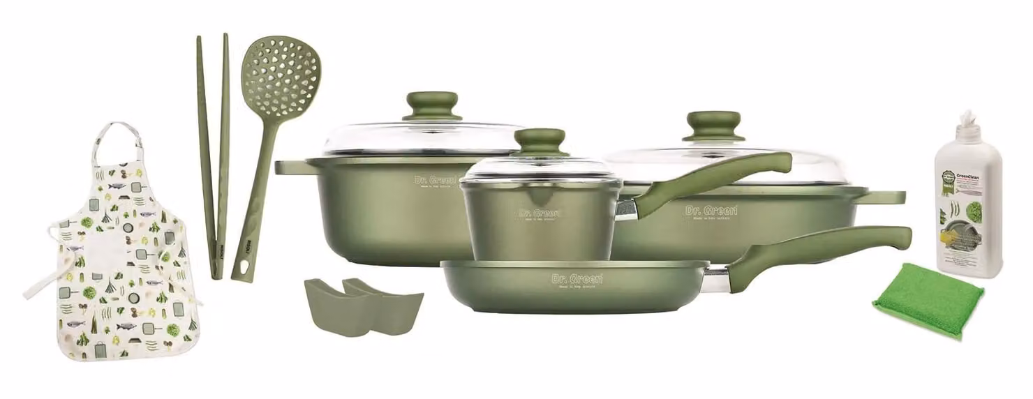 Batteria di pentole in alluminio antiaderente Dr Green di Risolì, 14 pezzi