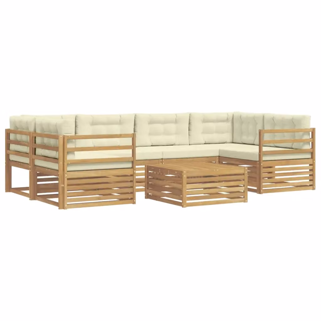 Set di divani da esterno a forma di U vidaXL composto da 7 pezzi con tavolino da caffè, in legno di acacia e tessuto bianco e beige – 2