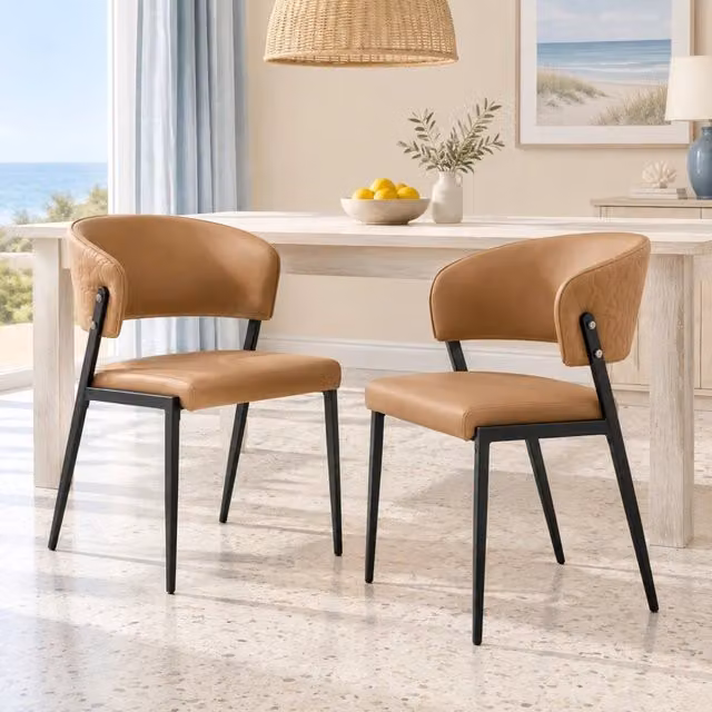 Sedia da pranzo moderna marrone in PU con schienale ergonomico e gambe in metallo
