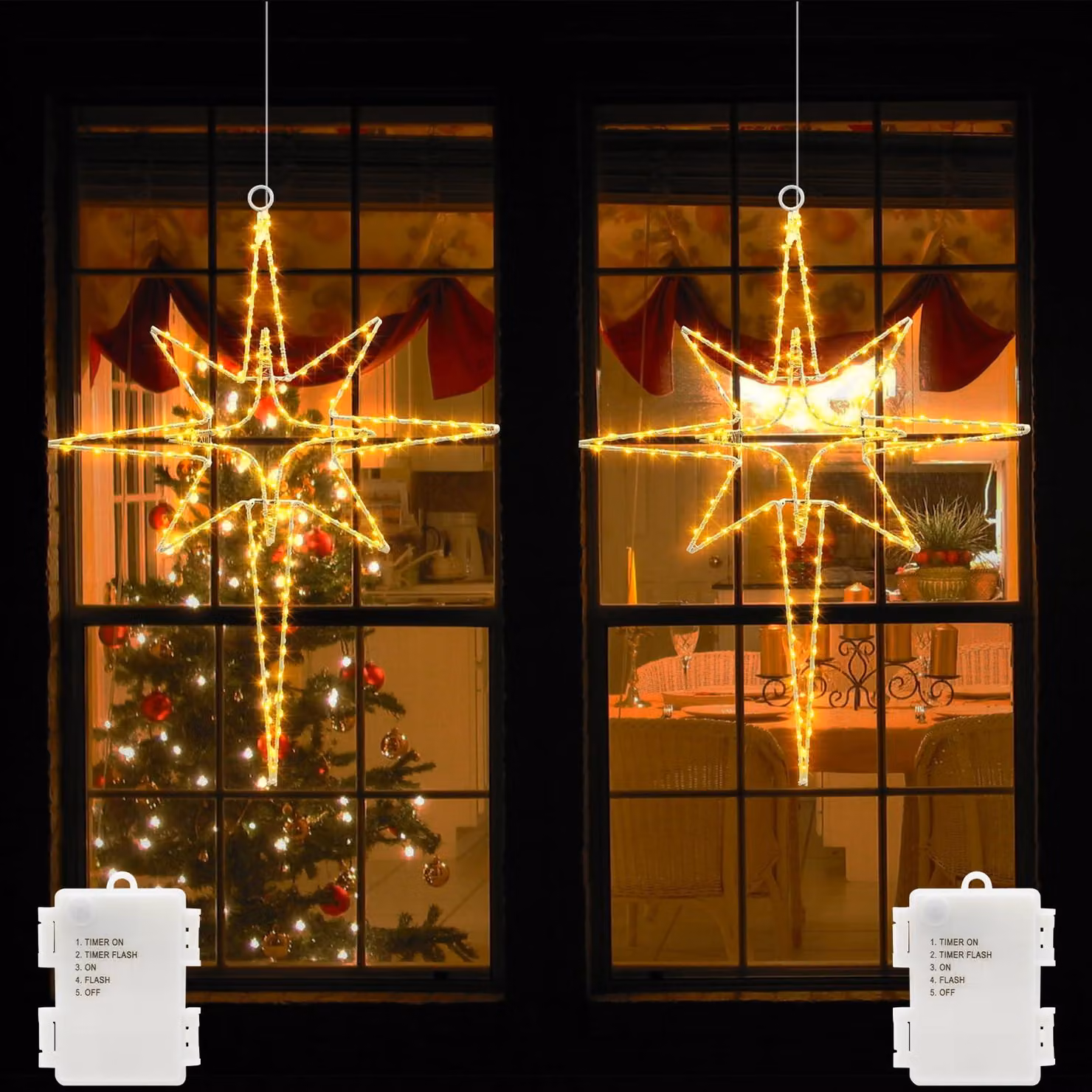 Illuminazione a LED per finestre, set da 2, 120 LED bianco caldo, metallo, con timer