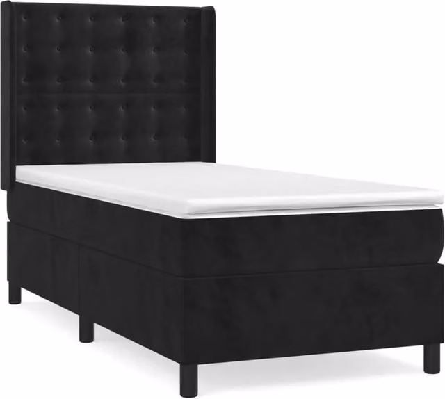 Letto singolo moderno con struttura in legno di larice e velluto nero e materasso ibrido L/P/H: 90 x 200 x 4 cm