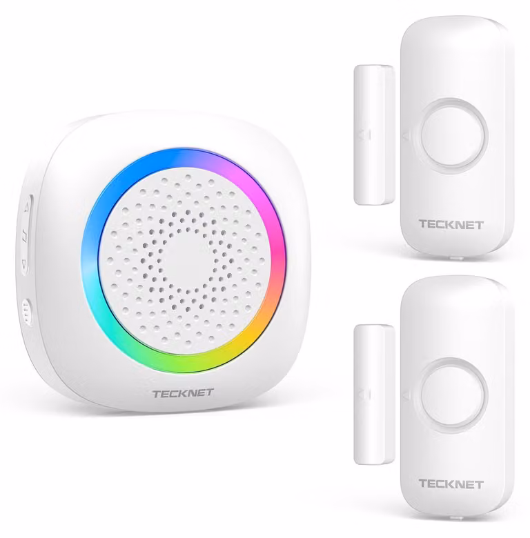 TECKNET Sensore per porte e finestre con campanello, portata 300 metri, allarme per finestre, colore bianco – confezione: 1 ricevitore + 2 sensori
