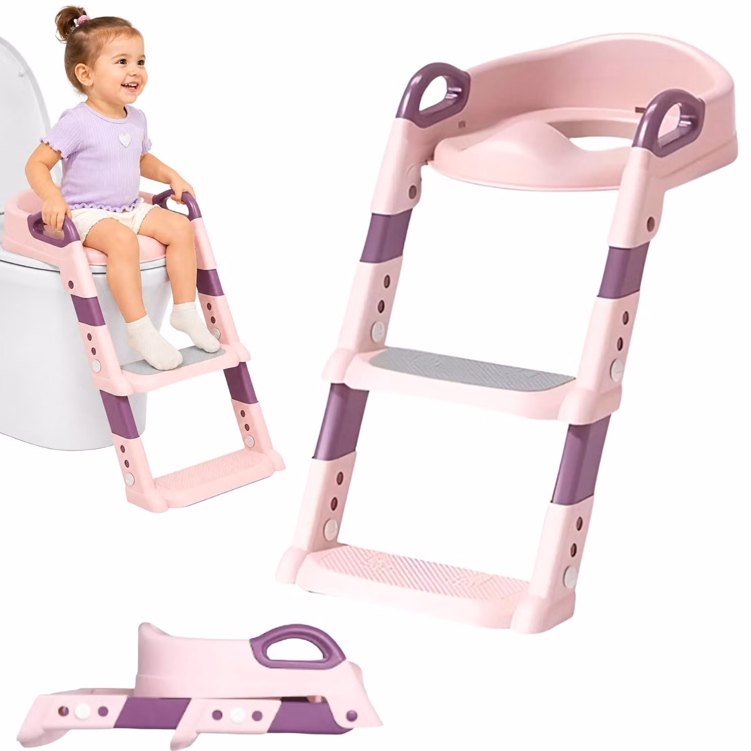 Sedile WC per bambini con gradini rosa stabile pieghevole ergonomico per autonomia in bagno da 1 a 5 anni