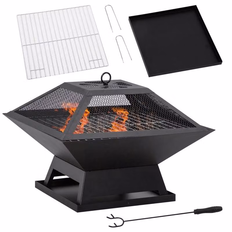 Cesto per il fuoco con griglia e parascintille | Colore: Nero | Dimensioni: 45x45x34 cm