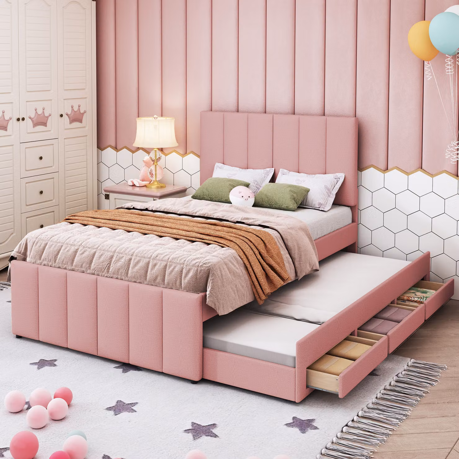 Letto imbottito Flieks con sottoletto, letto singolo per ragazzi con rete a doghe e cassetti, letto per bambini in legno letto per ospiti letto da giorno 90x200/90x190cm, lino