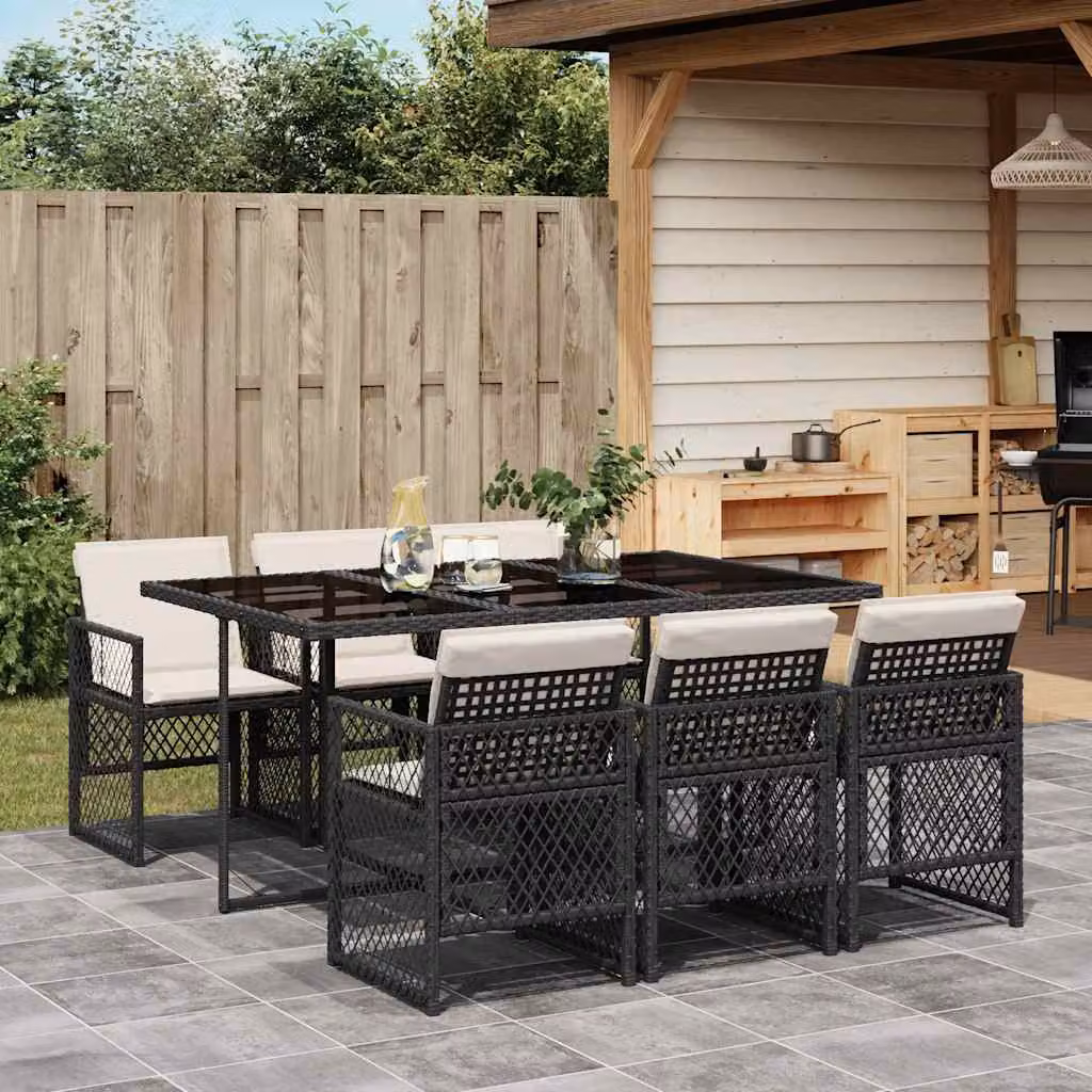 Set da pranzo da giardino vidaXL in polyrattan nero con cuscini e piano in vetro per 7 persone – 1