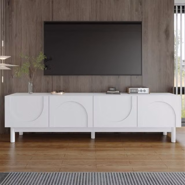 Lowboard TV con ante ondulate, ripiani e gambe stabilizzanti