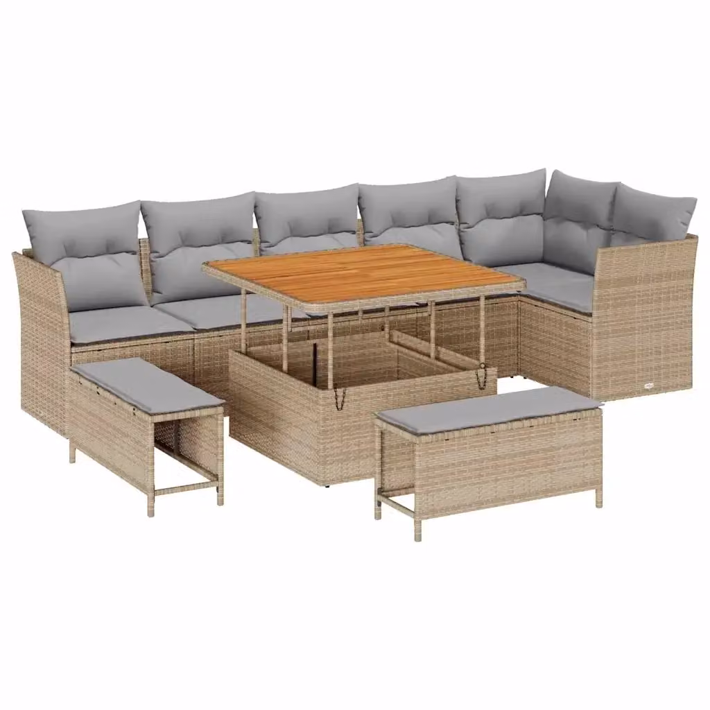 vidaXL Set Divano da Giardino a L con 9 Pezzi, Colore Beige e Grigio – 2