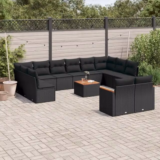 Set di divani da giardino vidaXL a forma di U con cuscini, colore nero, in polyrattan e struttura in metallo con tavolo da caffè coordinato