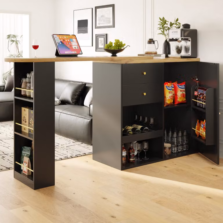 okwish barra da pranzo girevole a 360° (138 cm - 105 x 39 x 102 cm), con 2 cassetti e mobile ad ante scorrevoli, 3 livelli di spazio aperto, nero