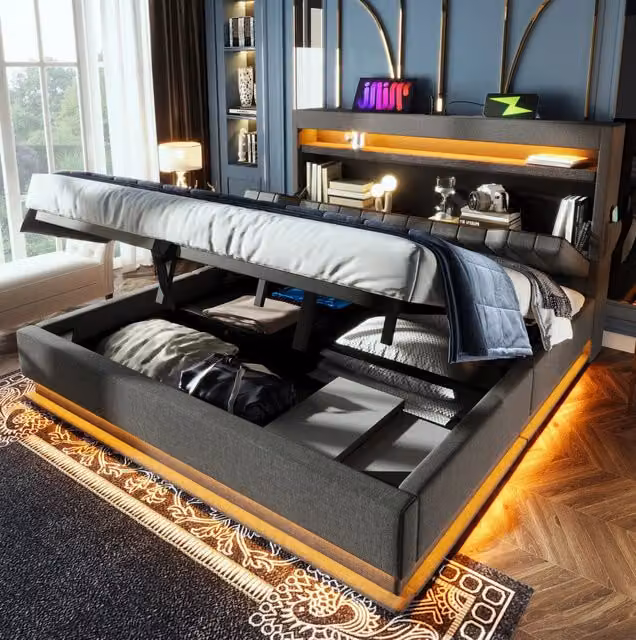 Letto matrimoniale imbottito 140x200 cm con testiera contenitore, USB e Type-C, illuminazione LED a testa e piedi, grigio lino, senza materasso