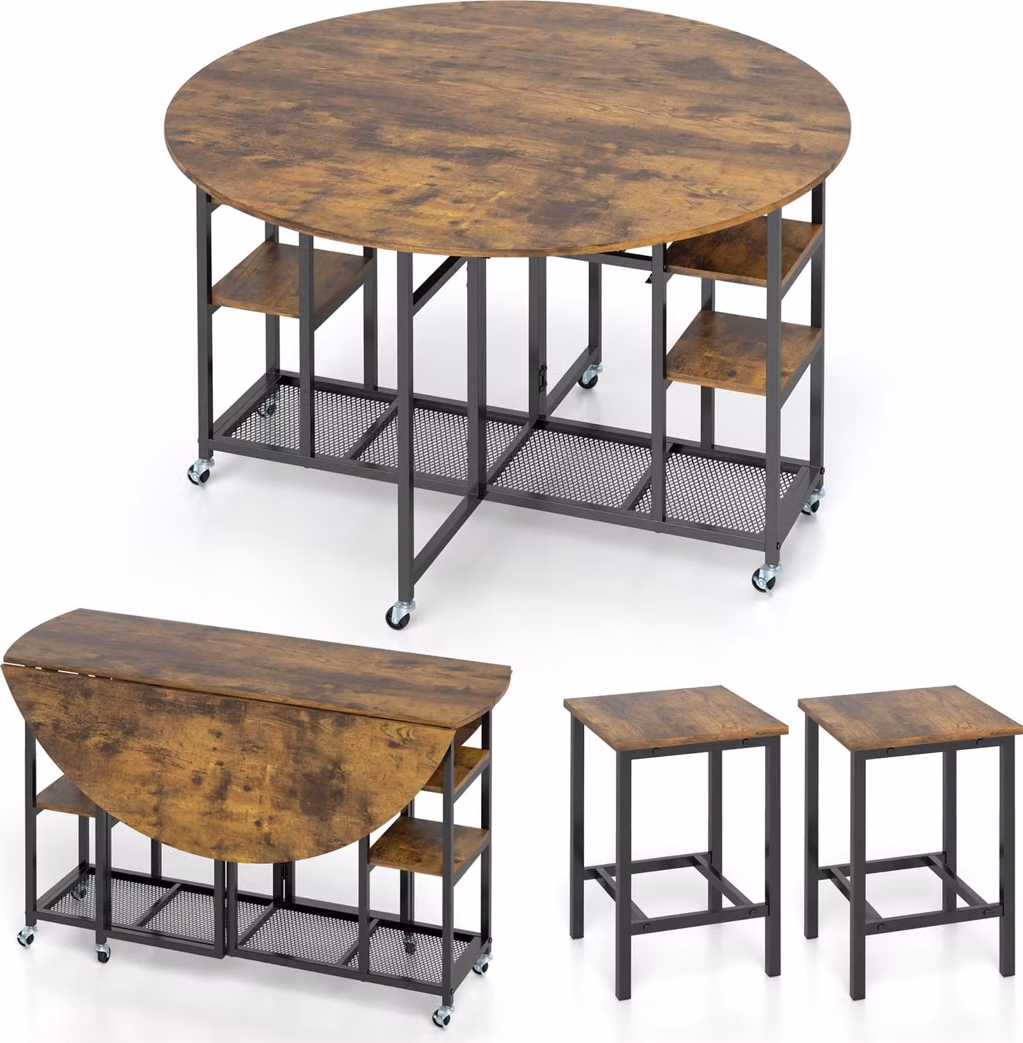 COSTWAY 3 TLG. Set da pranzo, tavolo da pranzo pieghevole con 2 sgabelli, tavolo da cucina su rotelle, tavolo da pranzo con portabottiglie e mensole, set da pranzo vintage