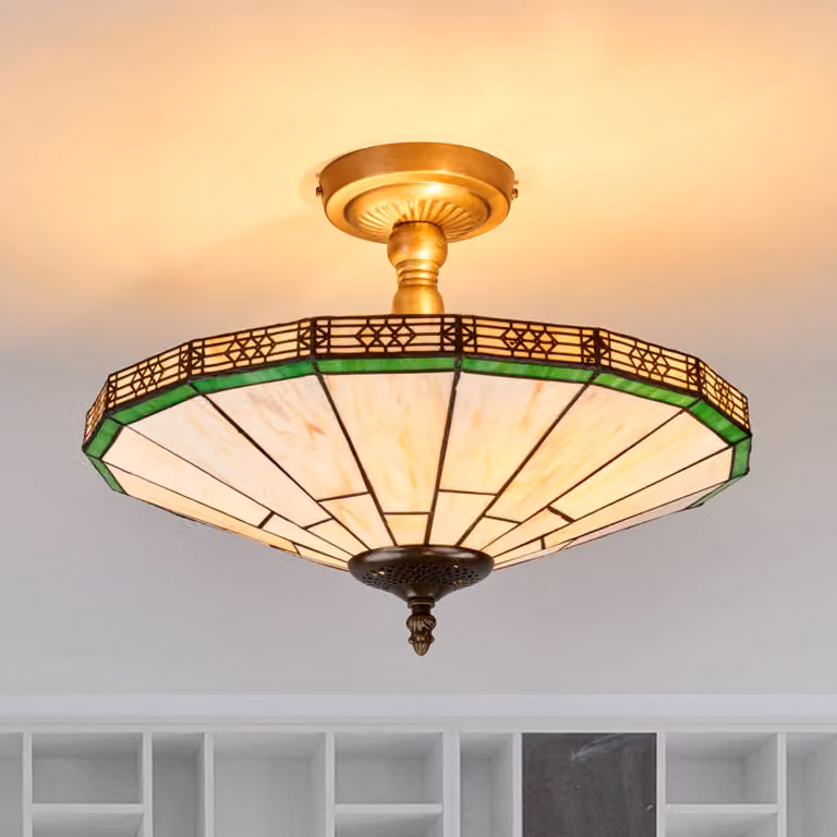 Searchlight Plafoniera Tiffany New York, dimmerabile, Crema / Ambra, Soggiorno / Sala da pranzo, Metallo, Tiffany, Plafoniera