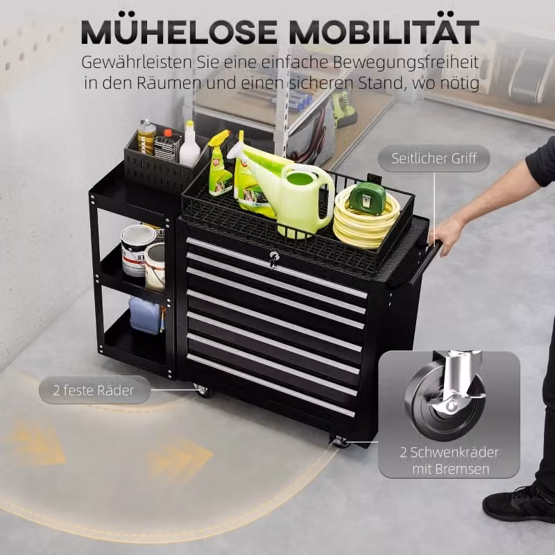 Carrello portautensili WISHDOR con 7 cassetti, ripiano laterale rimovibile e ruote con freno, nero, L: 120 cm, P: 39,5 cm, H: 73 cm – 2