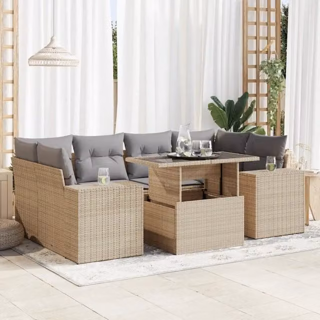 Set Divani da Giardino 7 pz con Cuscini Beige in Polyrattan 3326750